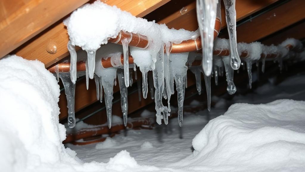 Frozen pipes with ice formation in Northamptonshire winter - showing plumbing damage prevention in Kettering homes